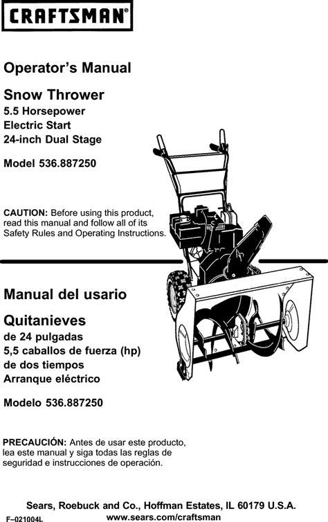 Craftsman 536887250 User Manual Snow Thrower Manuals And Guides L0208142