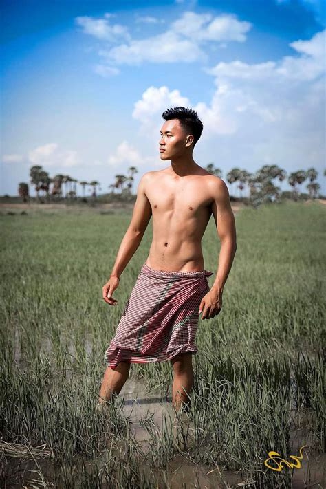 Cambodia Man Wearing Kroma Khmer Traditional Outfit Countryside