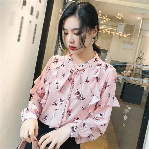 Korean Summer Fashion Bow Floral Chiffon Blouse Print Lace Up Tee Tops Female Women Long Sleeve