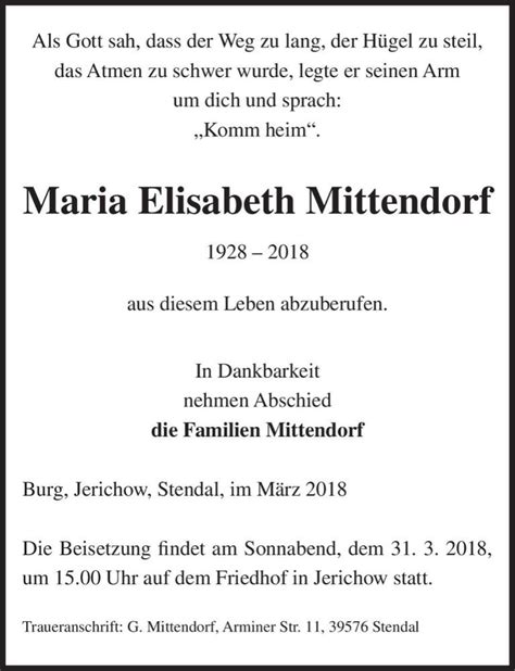 Traueranzeigen Von Maria Elisabeth Mittendorf Abschied Nehmen De