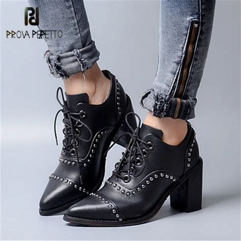 Prova Perfetto Sexy Pointed Toe Rivets Studded Women High Heel Boots