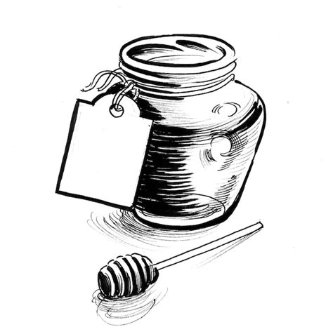 Premium Photo Honey Jar And Honey Stick Ink Black And White Drawing
