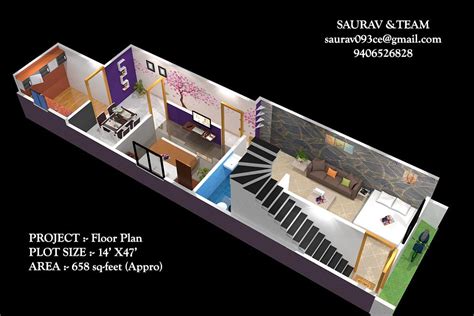 House Plan For 14 Feet By 50 Feet Plot 3dplot Size 700 Square Feet