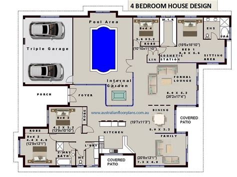 Large single story floor plans offer space for families and entertainment; Internal Pool - 4 Bedroom house plans- Full Concept Plans ...