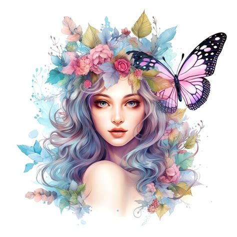 Premium Photo Beautiful Fairy With Wreath Flowers Watercolor Fantasy