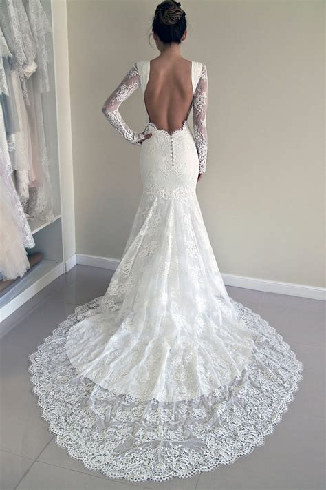 Lace Wedding Dress Long Sleeve Wedding Dress Mermaid Wedding Dress Open Back Lace Dress
