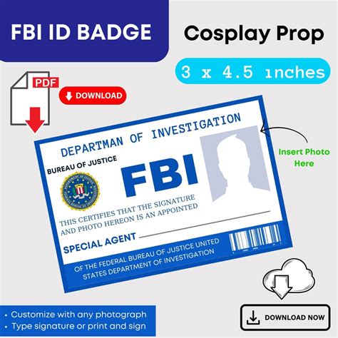 Printable Cosplay Fbi Badge Custom Id Card Prop Replica Bureau Of