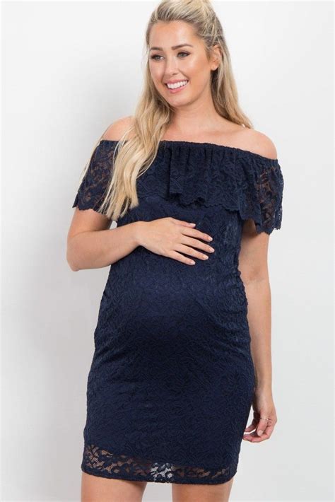 Navy Blue Lace Off Shoulder Fitted Maternity Dress Fitted Maternity Dress Stylish Maternity