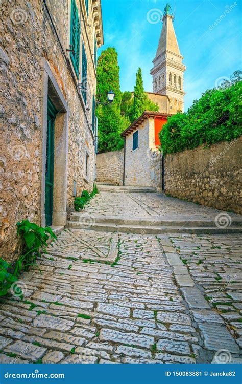 Wonderful Medieval Town Street With Old Church Rovinj Istria Croatia