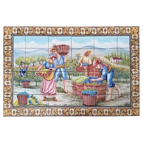 Portuguese Azulejos Hand Painted Tile Mural Grape Harvest Signed By