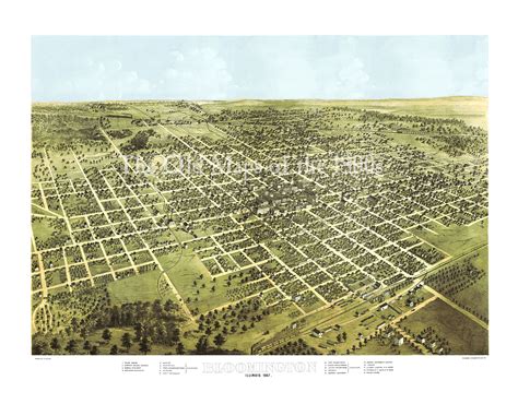 Bloomington Illinois In 1867 Birds Eye View Map Aerial Panorama