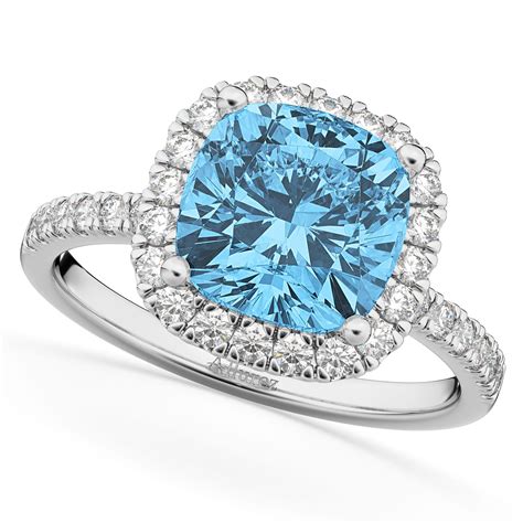 Cushion Cut Halo Blue Topaz And Diamond Engagement Ring 14k White Gold 3