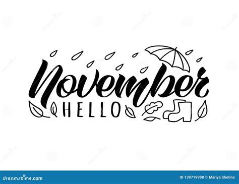Hello November Handdrawn Lettering Card With Doodle Umbrella Boots And