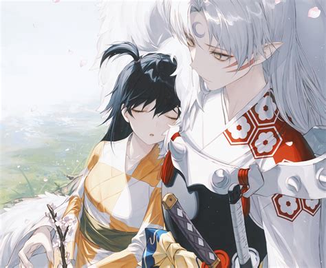 Armor Blackhair Bow Cherryblossoms Cropped Flowers Grass Inuyasha
