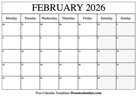February 2026 Calendar Free Printable With Holidays And Observances