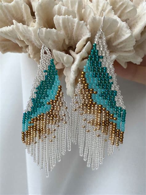 Turquoise Beaded Earrings Aquamarine Geode Seed Bead Earrings Etsy