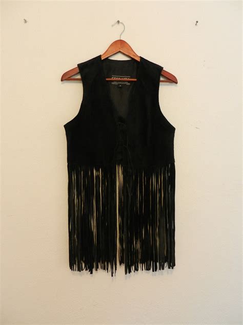 Black Leather Fringe Vest Womens Hippie Boho Long Vest