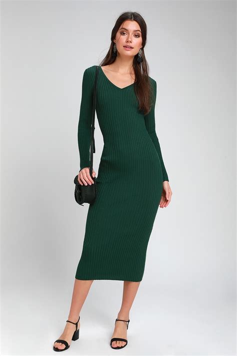 Cute Forest Green Dress Ribbed Knit Dress Bodycon Midi Dress Lulus
