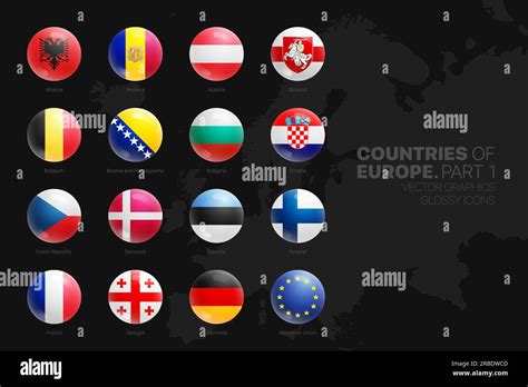 European Countries Flags Glossy Round Icons Set Isolated On Black