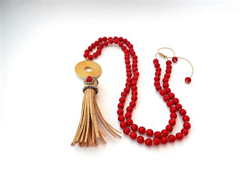 Long Red Necklace Tassel Necklace For Women Red Bead Etsy
