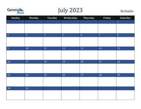 Barbados July 2023 Calendar With Holidays