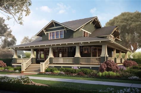 Craftsman House With Wrap Around Porch And Front Garden Stock Image