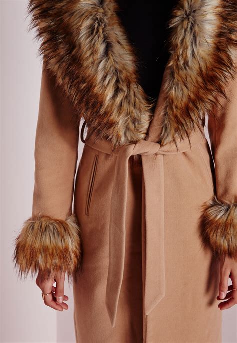 missguided faux fur collar and cuff detail wool coat camel in natural lyst
