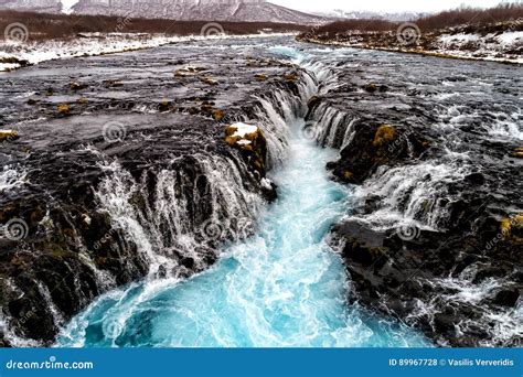 Aerial View Of Beautiful Bruarfoss Waterfall With Turquoise Water
