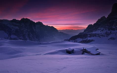 Nature Landscape Mountain Snow Sunrise Cabin Clouds Sky