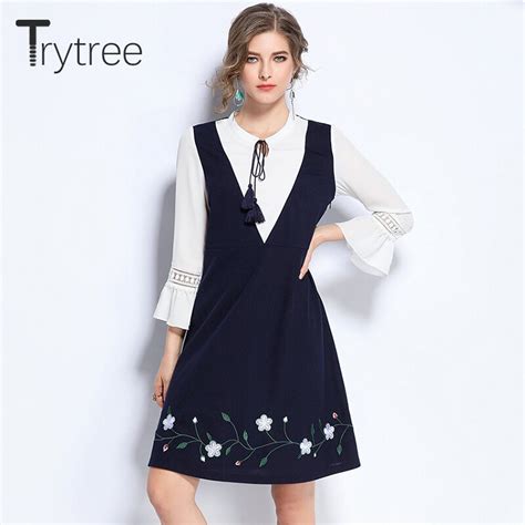 Trytree Autumn Summer Dress 2018 Casual Women Shirt Embroidery Floral