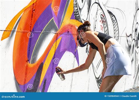 Girl Graffiti Artist Spray Painting Wall Art Editorial Stock Image
