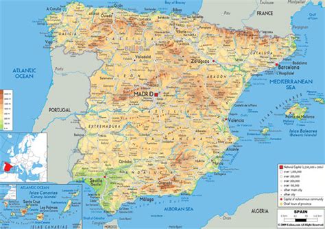 Large Detailed Physical Map Of Spain With All Roads Cities And
