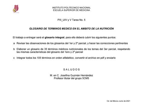 PIII UIV y V Tarea No Glosario general Atención Integral Y Nutrición IPN Studocu