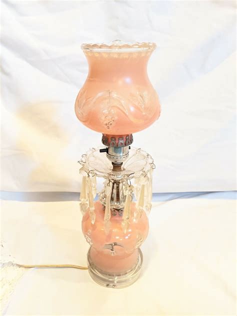 Vintage Victorian Pink Frosted Glass Hurricane Boudoir Lamp Prisms S Art Dec For Sale