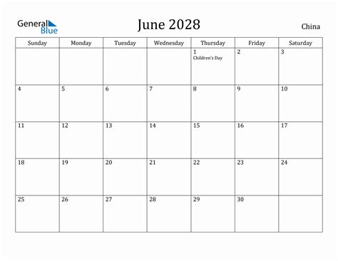 June 2028 Monthly Calendar With China Holidays