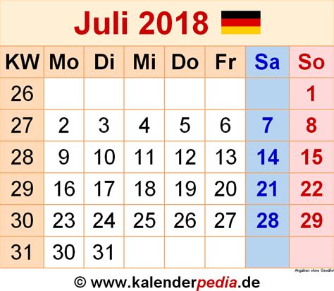 Kalender Juli 2018 Als Word Vorlagen