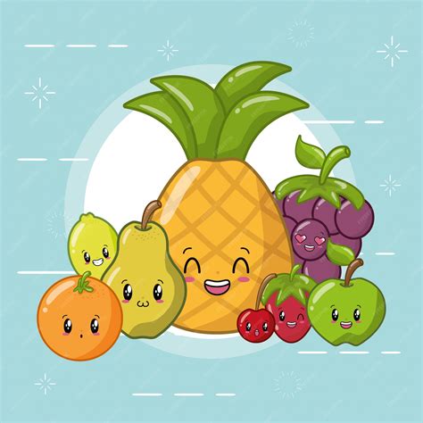 Emojis De Frutas Kawaii Felizes Vetor Grátis