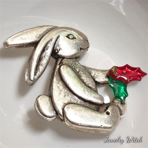 Bunny Rabbit Brooch With Holly Christmas Holiday Vintage Etsy