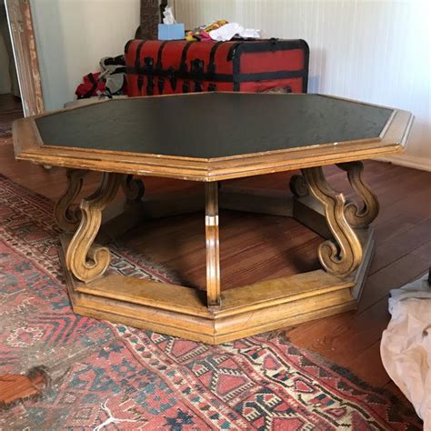 42 diameter x 15h, 3 thick top oval: 1980s Rustic Octagonal Faux Slate Topped Coffee Table ...