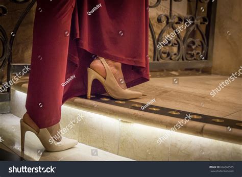 Woman Long Red Dress Walking Stairs Stock Photo 666868585 Shutterstock