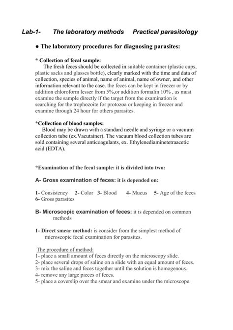 The Laboratory Procedures For Diagnosing Parasites