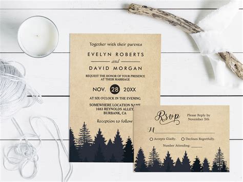 Rustic Kraft Pine Trees Wedding Invitation Suite Mimoprints
