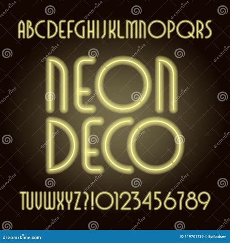 Neon Tube Art Deco Alphabet Font Neon Color Letters And Numbers Stock