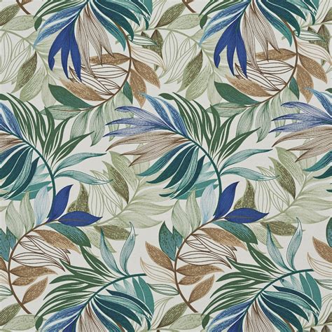 Teal Beige And Green Vibrant Leaves Outdoor Print Upholstery Fabric By