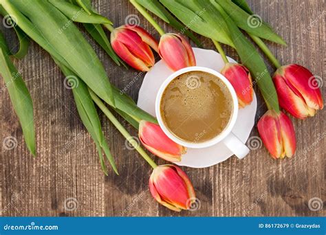 Tulips And Cup Of Coffee Stock Image Image Of Blossom 86172679