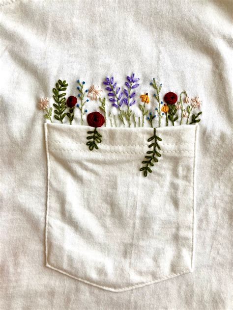 Hand Embroidered Floral White Pocket T Shirt Wildflower Embroidered