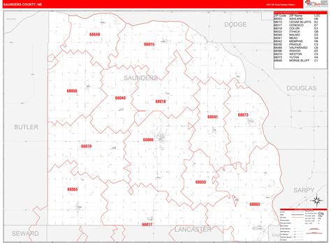 Saunders County Ne Zip Code Wall Map Red Line Style By Marketmaps