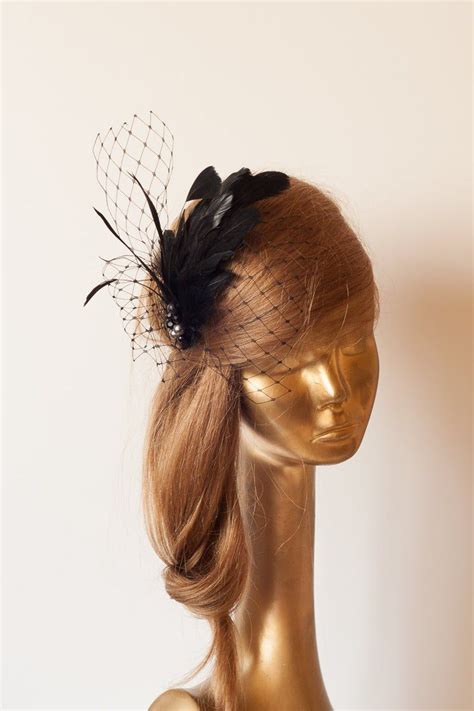 black birdcage veil fascinator with feathers cocktail etsy black birdcage veils birdcage