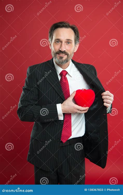 T From Heart Man Mature Handsome Guy Wear Elegant Suit Hold Red Heart Valentines Day
