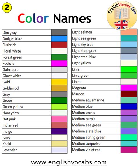 138 Colors Names List List Of Colors English Vocabs